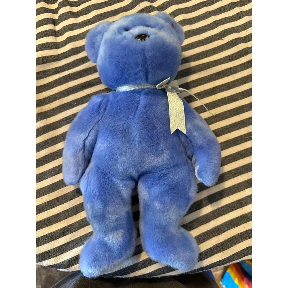 Ty Beanie Buddies Clubby II Blue Teddy Bear Plush Silver Ribbon 1999 Tylon Shell